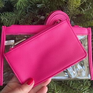 Thirty-One Pink Clear Crossbody Bag & zipper pouch.